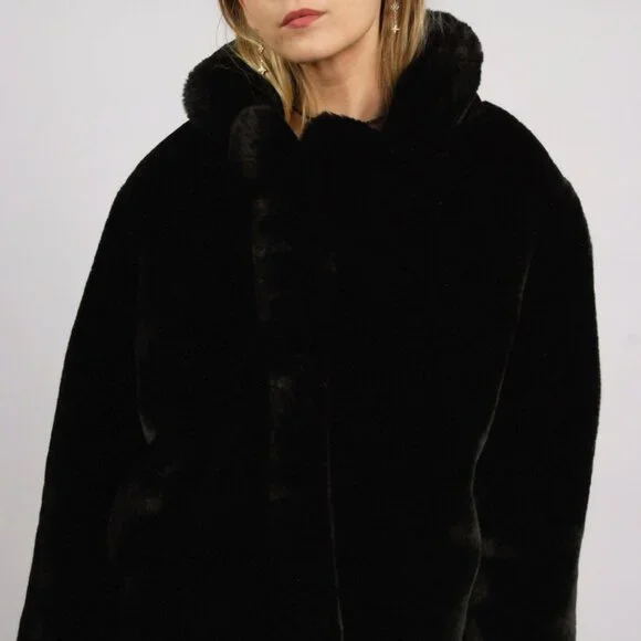 Y2K Fur Coat (S) small black faux womens vintage soft bomber glam winter cool - Picture 4 of 8